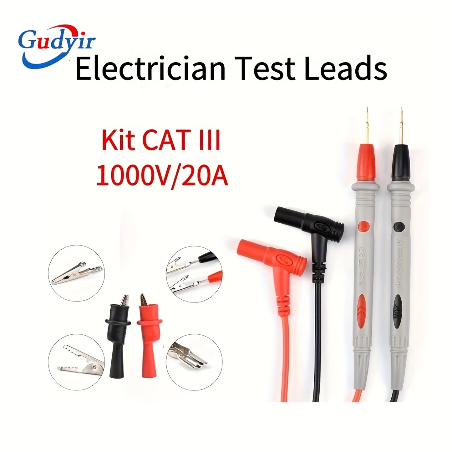 One set of universal multimeter test leads with alligator clips and various test probes for measuring AC/DC voltage up to 1000V and current up to 20A.