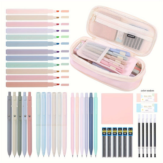 44-Piece Aesthetic Stationery Set with Large Pencil Case, Highlighters, Gel Rollerball Pens, Mechanical Pencils, Sticky Notes, Erasers, and Refills - Ideal Back to School Gift Kit