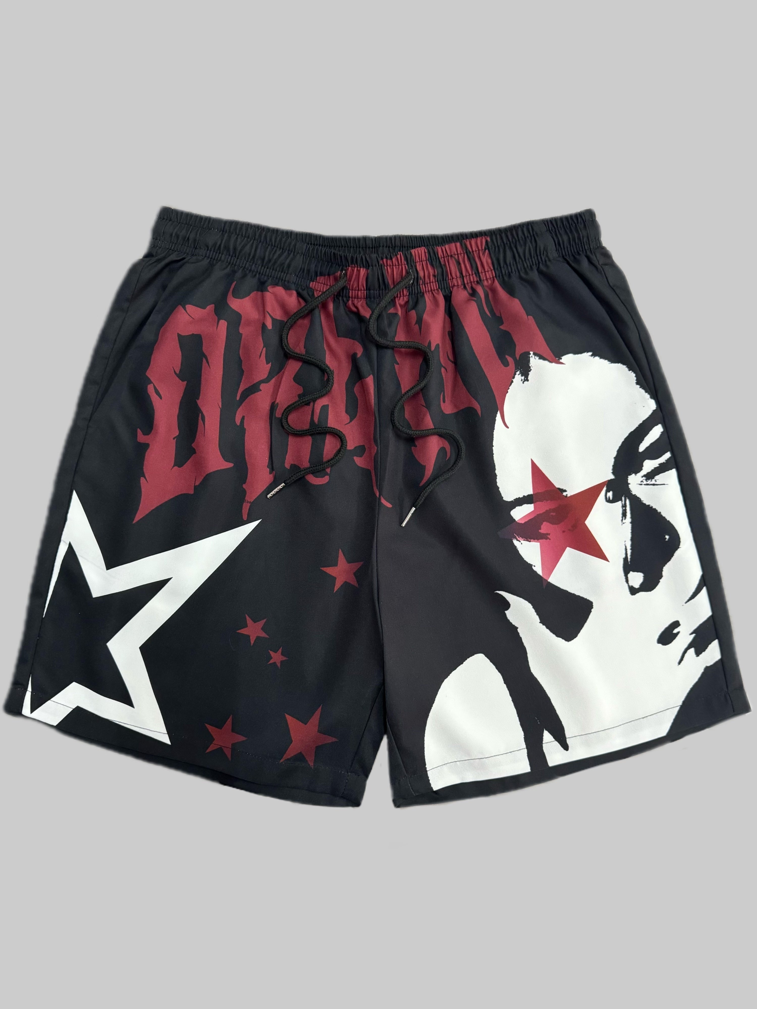 Men's printed shorts for summer with drawstring waist, polyester fabric, casual street style.