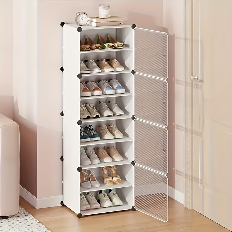 This Resin Freestanding Shoe Rack Organizer is a versatile addition to any room in your home. With 8 tiers and 14 cubes, this dustproof shoe storage cabinet can hold up to 28 pairs of shoes. Perfect for the living room, entryway, or bedroom, this floor