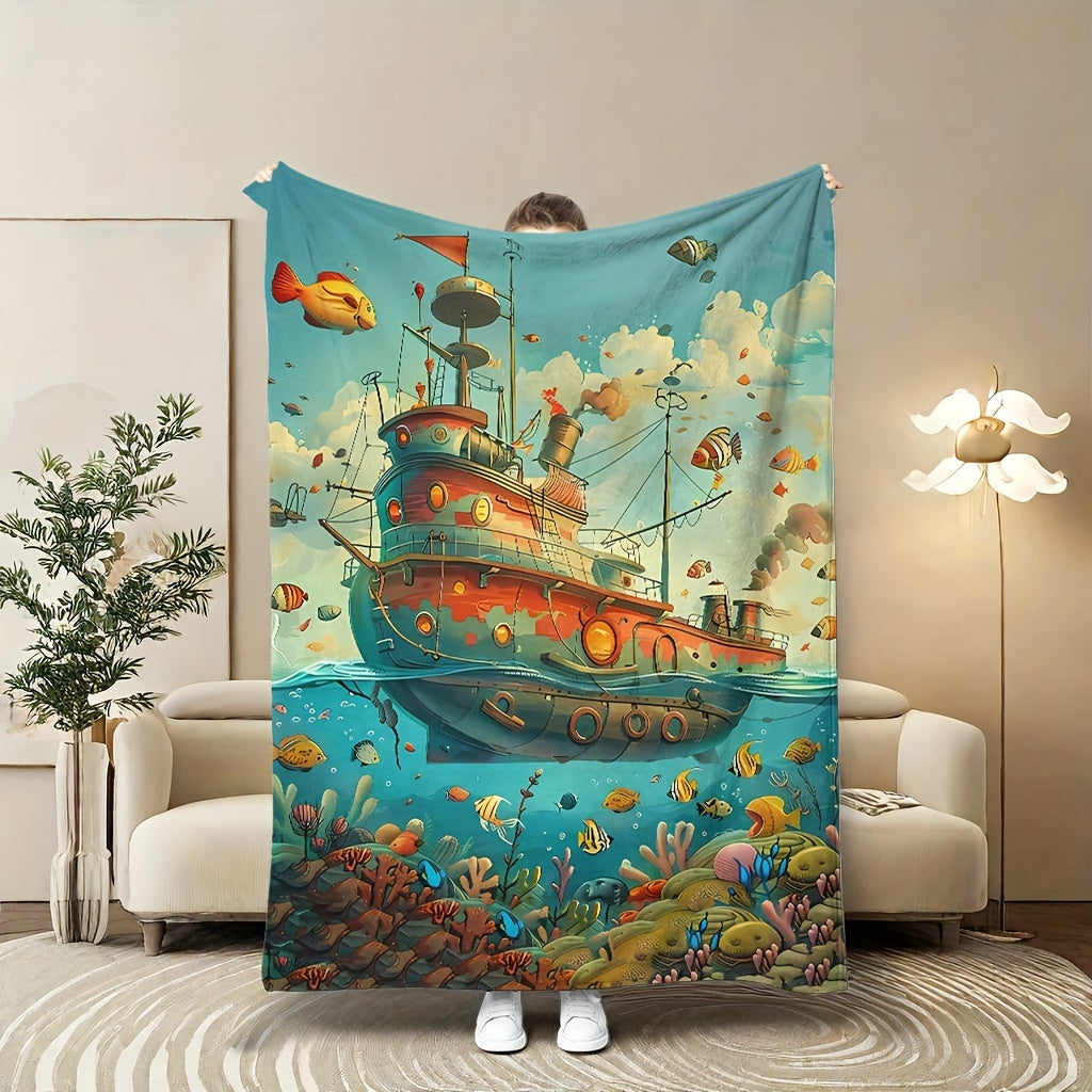 Contemporary Coral Fleece Blanket with Large Ship Pattern - Warm and Soft All-Season Throw made of Knit Polyester for Sofa, Bed, Office, Camping, Travel, Home Decor. Features Digital Print and weighs 180-200gsm. Great for cozying up in style!