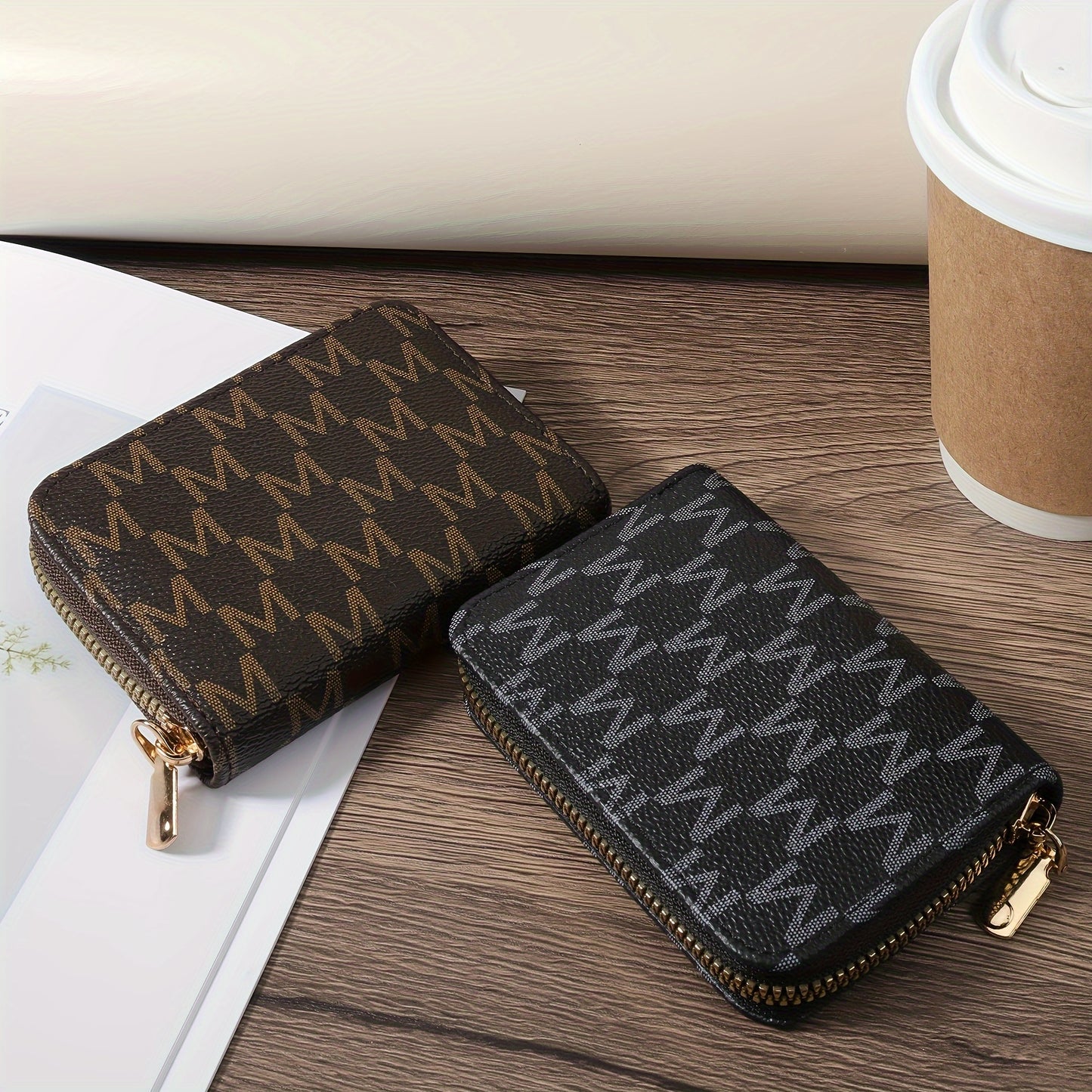 Compact and stylish synthetic leather credit card holder with zipper in brown and black herringbone pattern. Includes golden zippers, ideal for keys and cash. Lightweight and portable