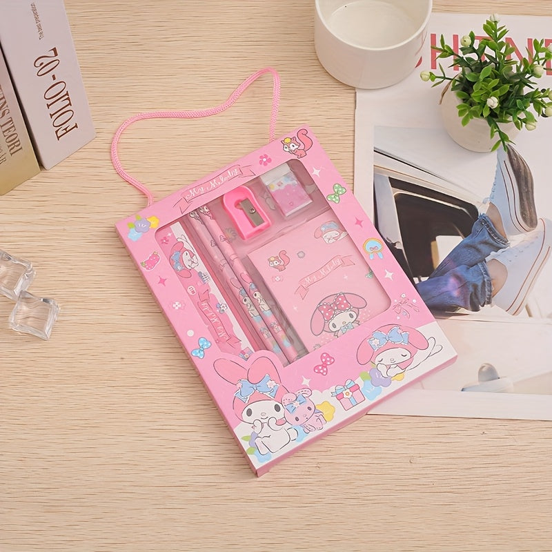 1 Set of Cartoon Stationery: Lightweight plastic ballpoint pen with round barrel, clip closure, medium point, includes ruler, pencil, and eraser. Cute school supplies.