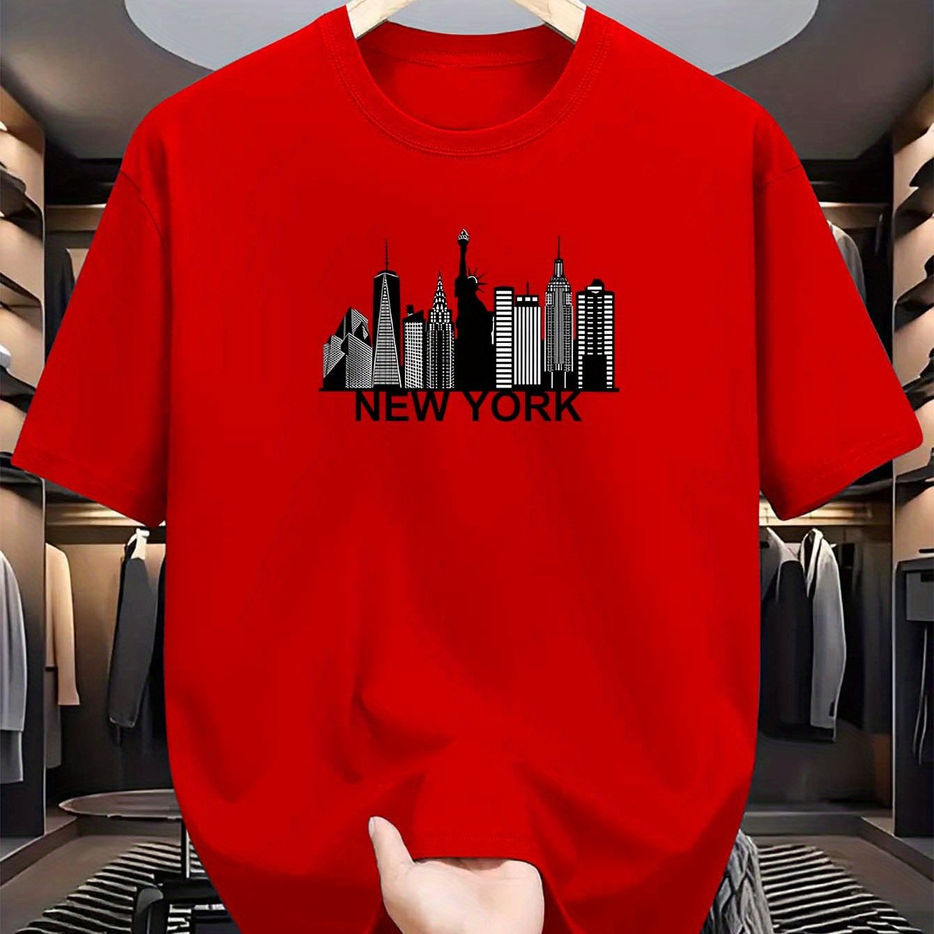 Men's light blue New York City skyline graphic t-shirt for everyday comfort. Casual polyester tee with short sleeves, round neck, and machine washable. Summer fashion essential.