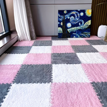 Thickened Plush Patchwork Carpet Set of 24 Pieces for Bedroom Wardrobe Living Room Floating Window Pet Mat, Rental Household Floor Mat that is Washable and Can Be Easily Cut to Fit