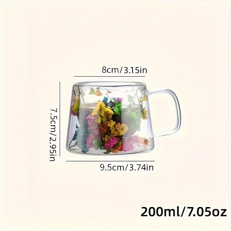 7oz Double-Walled Glass Mug with Real Flowers - Ideal for Tea, Milk, Coffee | Anti-Scald Handle | Perfect Gift for Friends & Colleagues