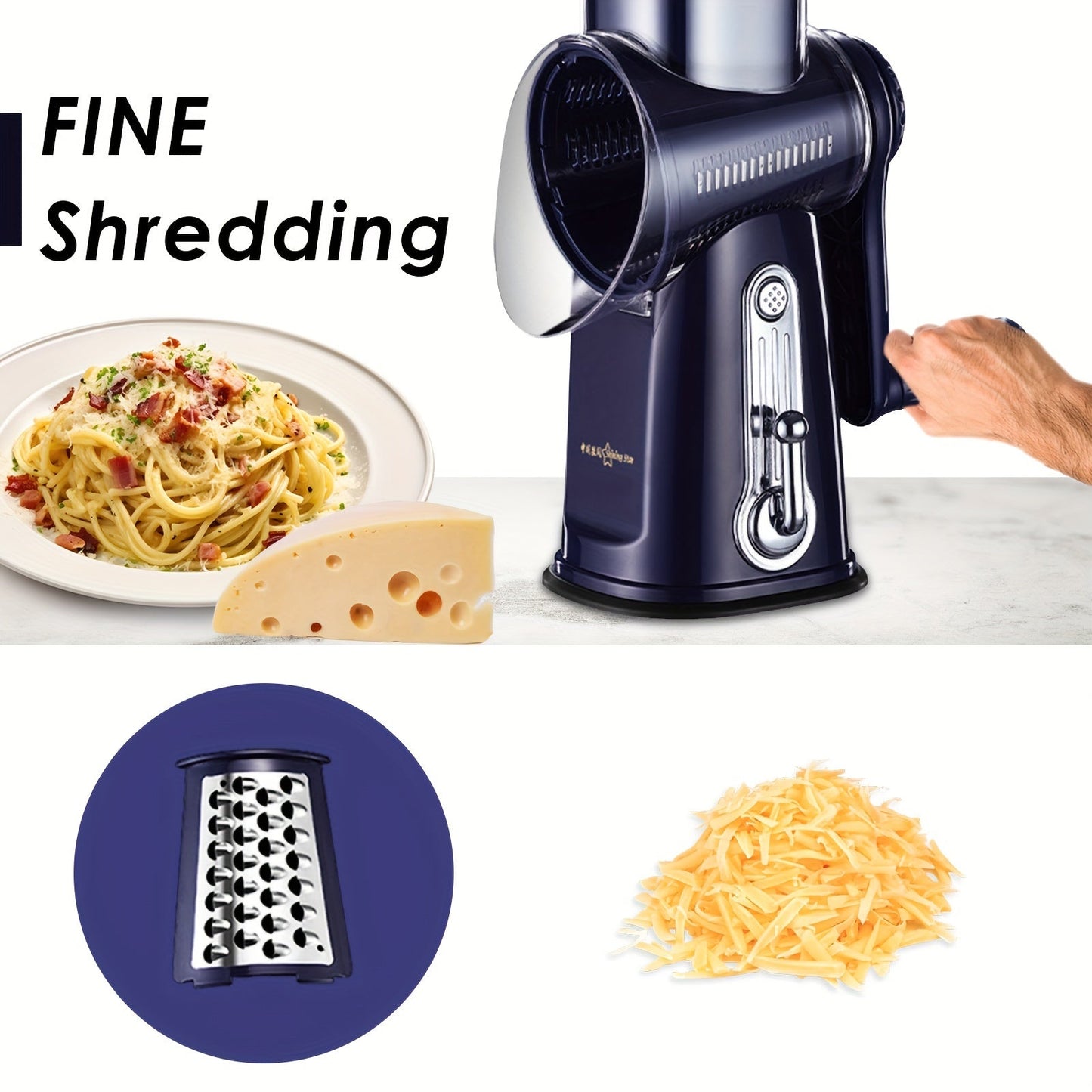 Stainless Steel Cheese Grater and Vegetable Slicer - 5 Functions in 1 Kitchen Tool, Features Powerful Suction Cup Base for Stability, Ideal for Home and Restaurant Cooking