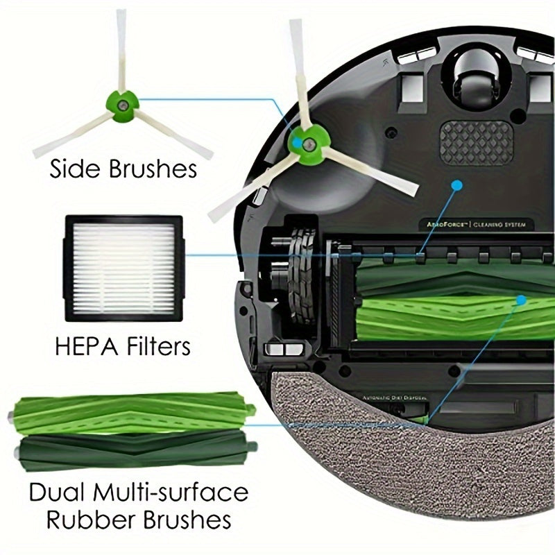 One set of 7 replacement parts and accessories for IRobot vacuum cleaners, compatible with I3, I3+, I4, I6, I6+, I7, I7+, I8, I8+/Plus, E5, E6, E7, I, E, and J series models. Includes 3 multi-surface rubber brushes, 3 HEPA filters, and 3 side brushes.