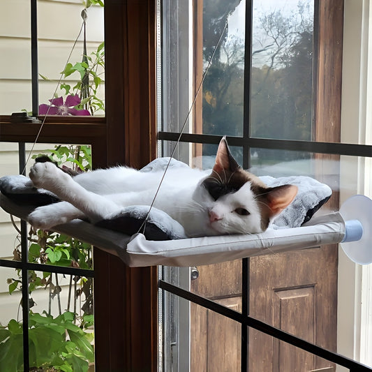 Cozy Cat Hammock in White & Gray Plaid with Detachable Blanket and Secure Straps for Balcony & Indoor Use - Ideal for Autumn & Winter Comfort