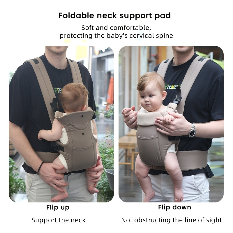 Foldable pad carrier for infants with dual-shoulder straps and thickened waist protection.