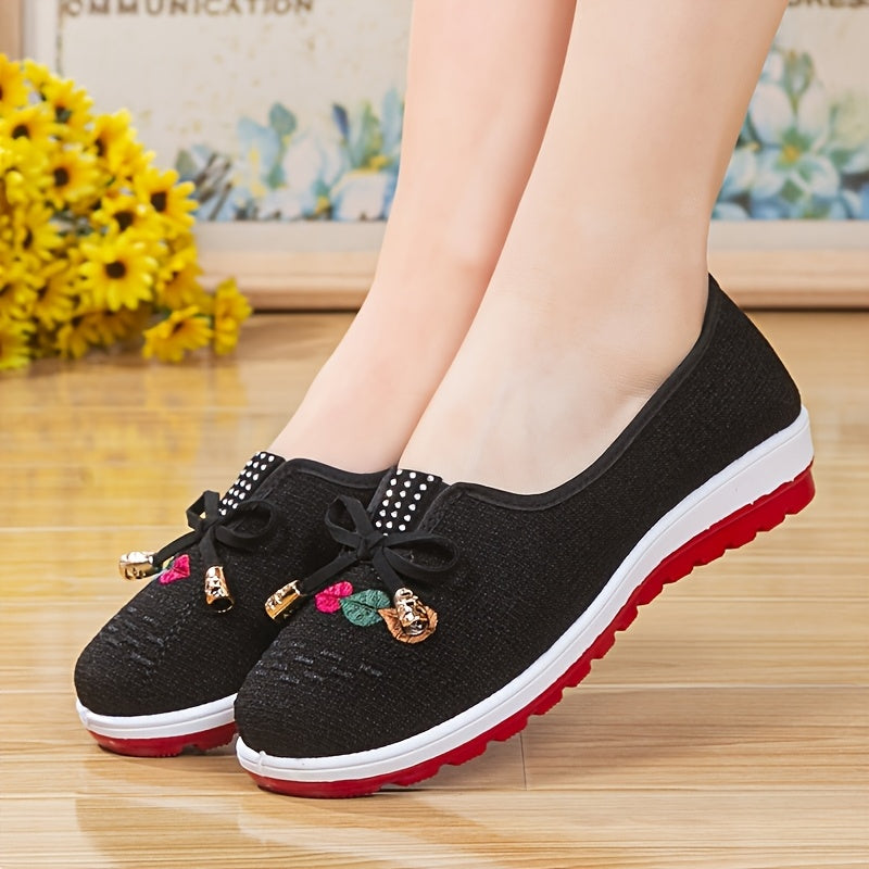 Women's Floral Embroidered Flats with Bowknot Detail, Lightweight Soft Sole for Comfort