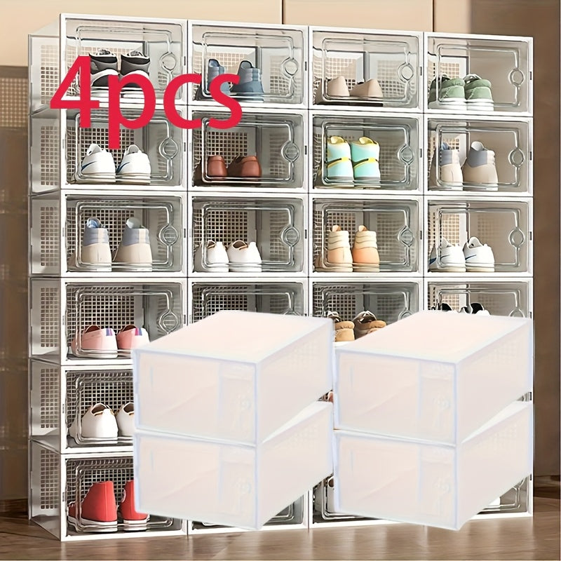 A range of multifunctional household furniture is available in sets of 4, 12, or 18 pieces. These stackable shoe rack storage boxes are waterproof and dustproof, making them perfect for sports shoes. The rectangular plastic shoe cabinets have snap