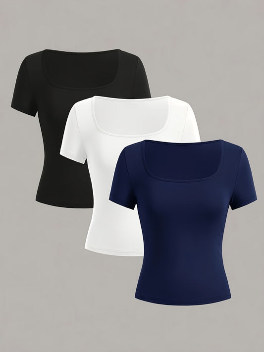 Set of 3 solid color women's t-shirts for casual summer wear.