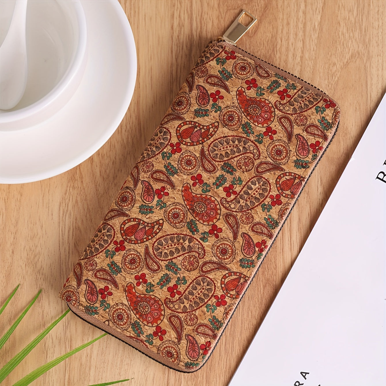 Women's vegan leather wallet with floral print, clutch coin purse, and faux wooden credit card holder.