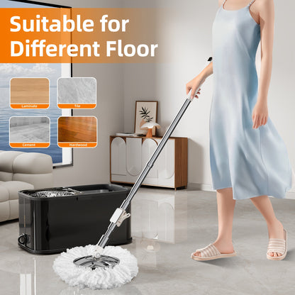 This set includes a stainless steel self-wringing mop with carrying handle, featuring a 360° rotating head and 2 microfiber pads. The manual center pivot cleaning system requires no electricity, making it perfect for home use in the living room, bedroom