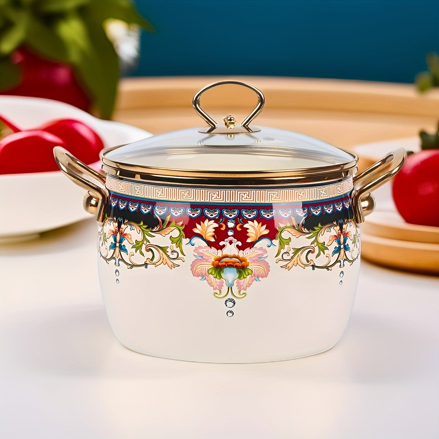 Non-Stick Enamel Saucepan with Glass Lid, Dual Handles, Dishwasher Safe Cookware for Soup and Pasta