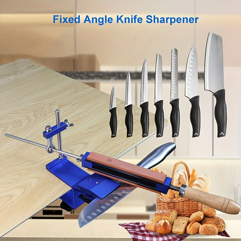 Electricity is not needed for this manual fixed angle knife sharpener. It features a rotatable adjustable angle, clamping workbench support, and a diamond quick cutting edge for sharpening. Made of metal material with medium grit, this sharpener provides