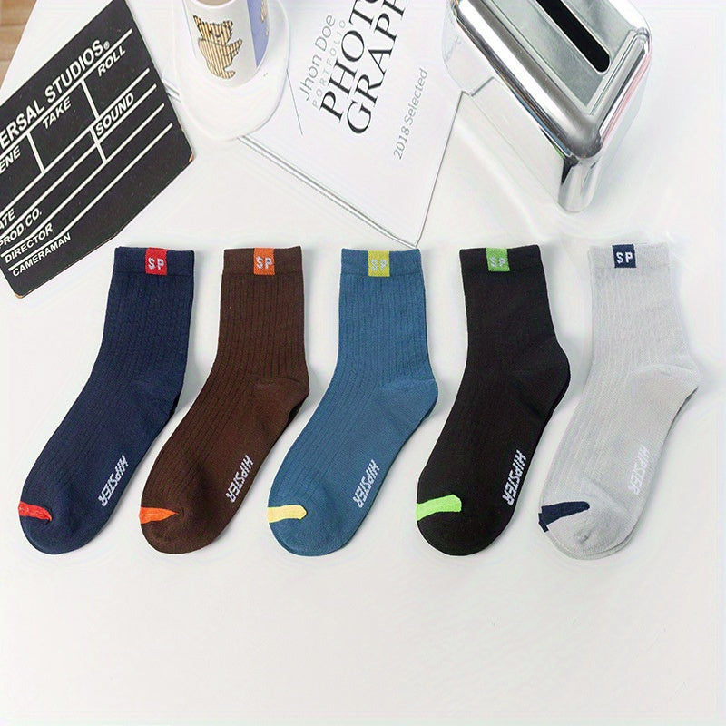 5 pairs of men's thin cotton blend mid-calf socks, breathable, moisture-wicking, suitable for everyday wear, sweat-resistant.