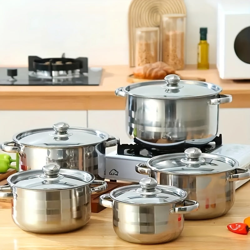 This set includes 10 pieces of stainless steel pots with specifications of 18.01/19.99/22.0/24.0/26.01 cm. The pots are silvery in color and come with double handles and lids. The set includes 5 pots and 5 lids, suitable for both home and restaurant