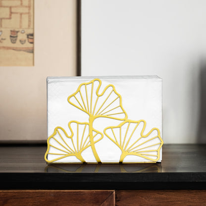 Stylish metal napkin holder with ginkgo leaf design, ideal for dining tables and kitchen decor in restaurants, hotels, and cafes.