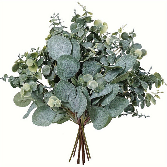 Bulk artificial eucalyptus stems perfect for vase bouquets, wreaths, and farmhouse decor. Great gift for various occasions.