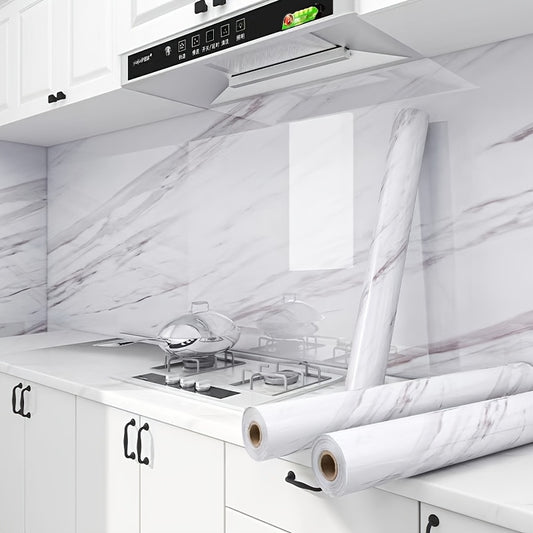 White marble self-adhesive kitchen backsplash wallpaper is oil, heat, waterproof, and mold resistant, perfect for cabinets, stovetops, and countertops. Easy to install stove top protectors.