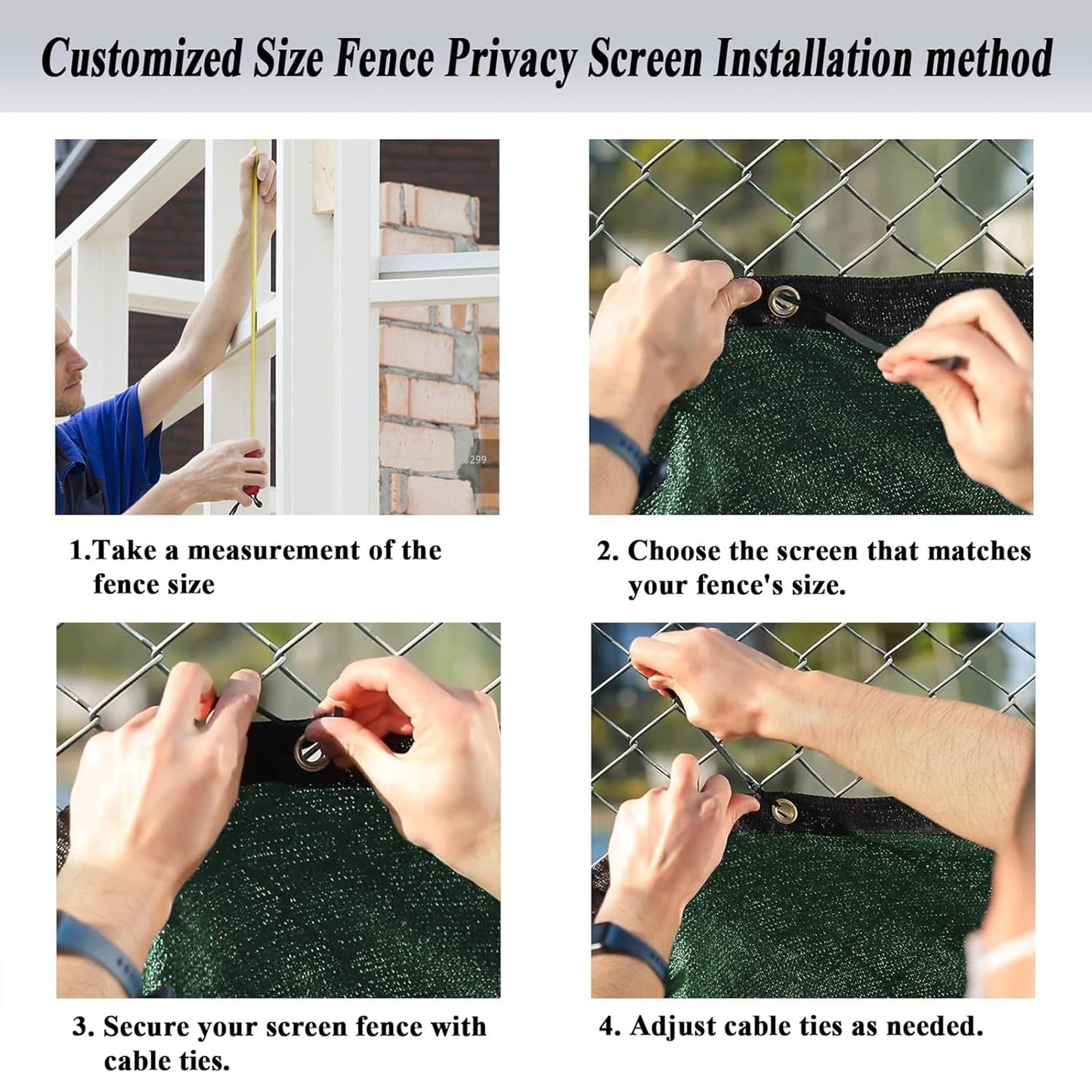 Durable polypropylene privacy screen with grommets for UV protection in indoor/outdoor use.