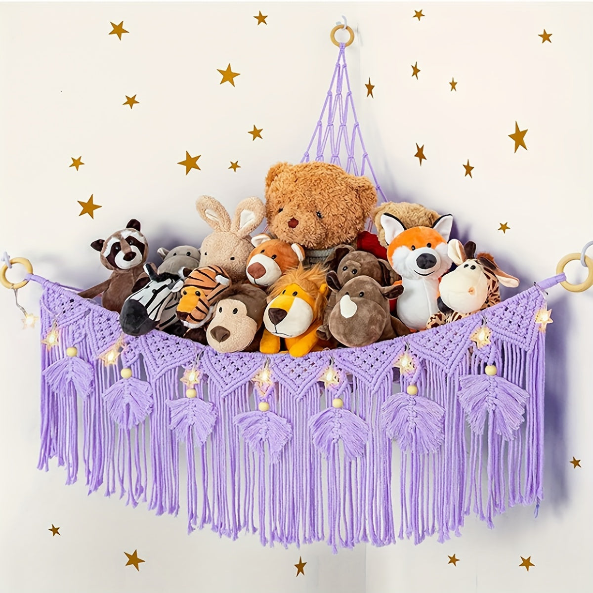 Colorful plush animal storage net for youngsters' room organization, handcrafted triangle toy hammock.