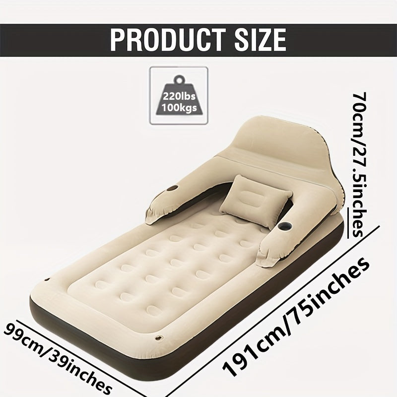 This inflatable air mattress features a headboard and stands at a height of 71.12cm. It has a comfortable flocked top and deep fill, made of plastic material with a polyester cover. The pump is included, requiring no electricity or battery. Perfect for