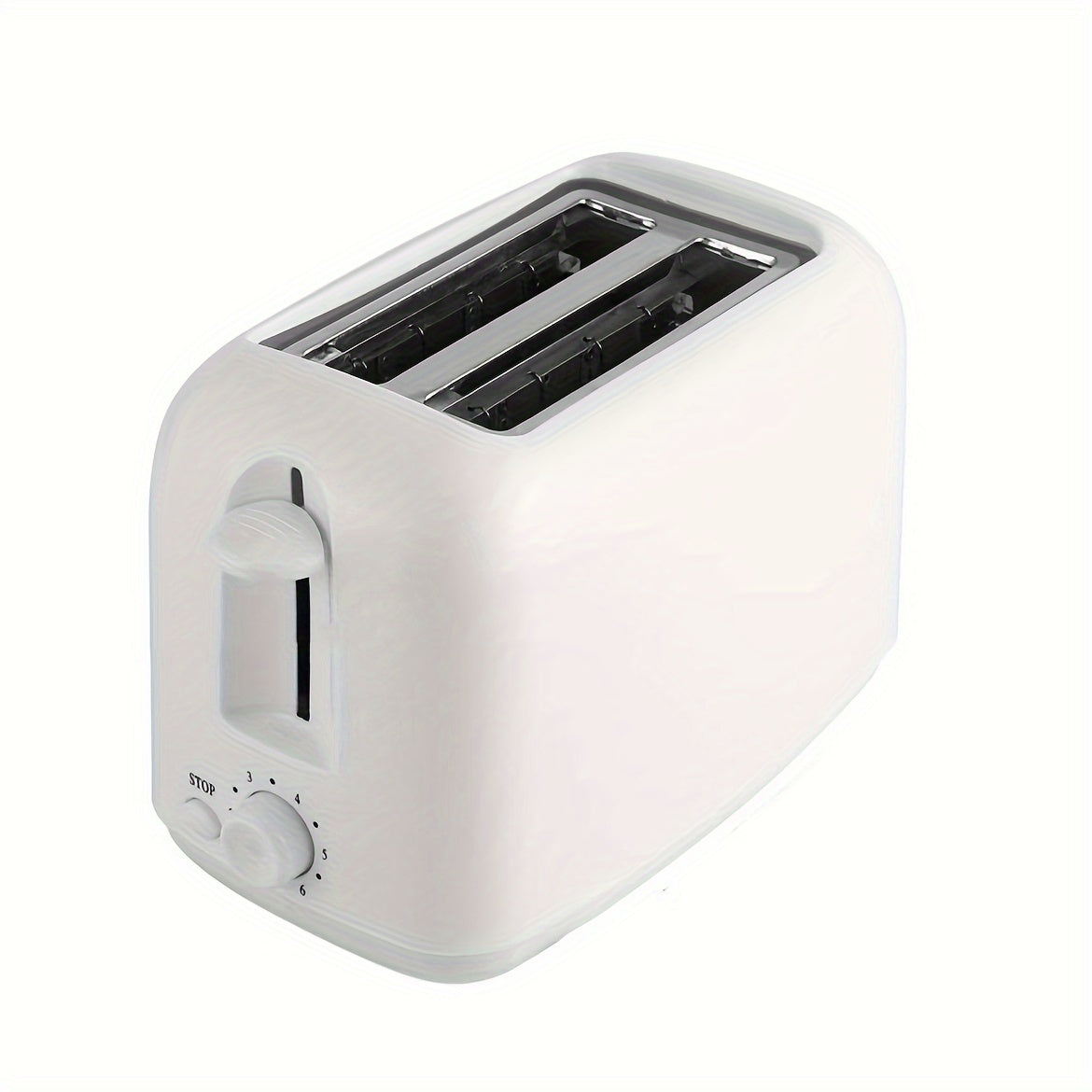 European standard 2-slice stainless steel toaster with auto shut off, extra wide slots, defrost & reheat function, knob control and removable crumb tray in white. Suitable for toasting