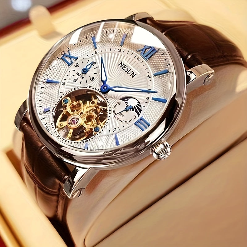 Nesun men's mechanical watch with luminous design and hollow style, perfect for business gentlemen. This fully automatic watch doesn't require a battery and makes a great gift for men.