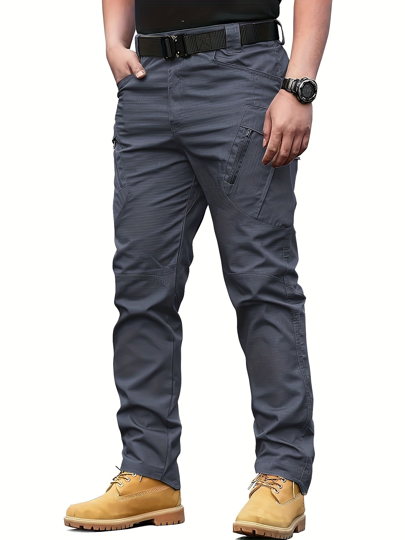 Men's tactical pants with multiple pockets, machine washable polyester, suitable for all seasons.