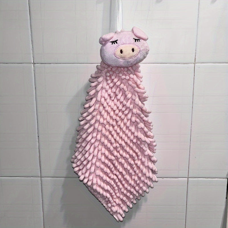 Chenille hanging towel with quick-dry, cute cartoon design and loop for bathroom.