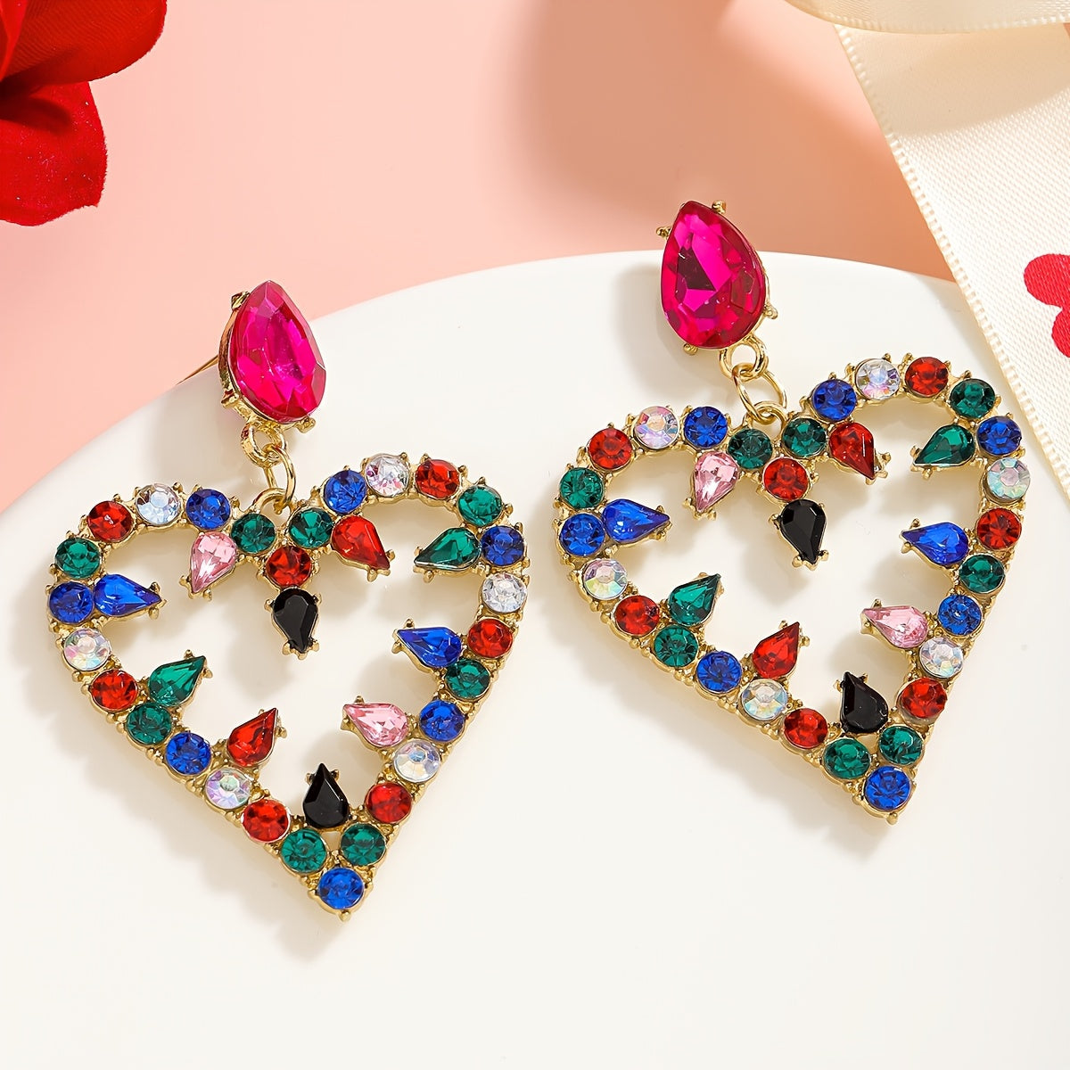 Chic Pink and Red Heart-Shaped Rhinestone Drop Earrings with Unique Dangle Design - Ideal Valentine's Day Present for Her, Great for Formal Occasions and Festive Celebrations, Elevate Your Look with Matching Accessories