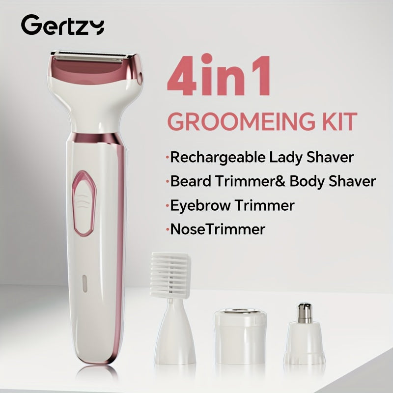 4-in-1 rechargeable electric razor for women. Can be used for face, nose, legs, underarm, and bikini trimming. Wet & dry, painless grooming kit. Portable and rechargeable.