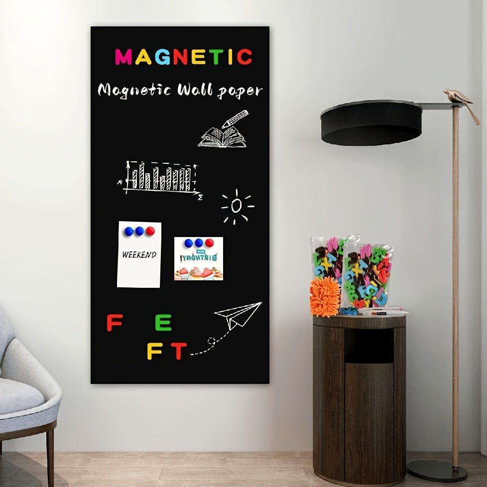 Erasable magnetic blackboard film for smooth surfaces in office and home settings. Includes eraser and 4 magnets.