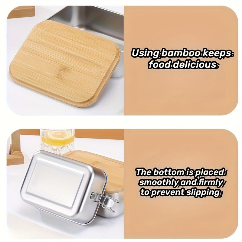 Portable Lunch and Snack Food Container - Bamboo Lid Stainless Steel Bento Box