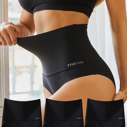 Three seamless solid briefs with high waist design, made of breathable and stretchy material, perfect for women's lingerie and underwear.