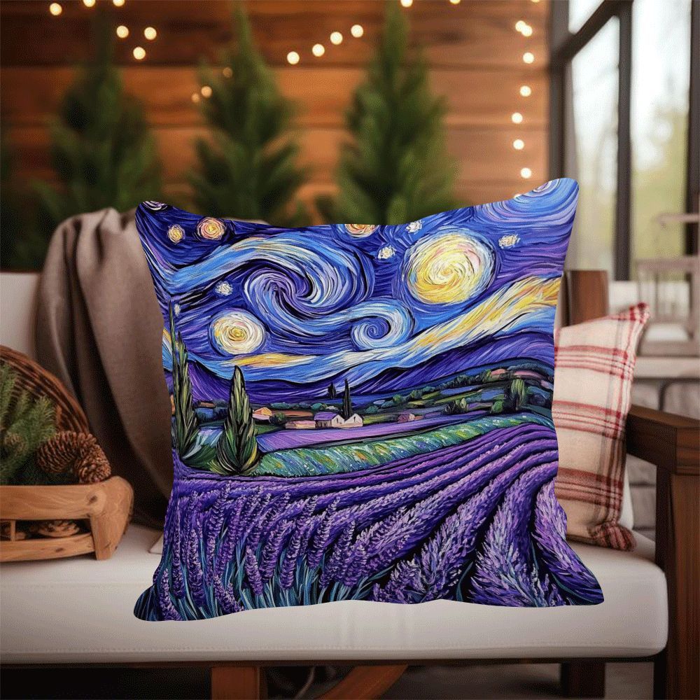 Modern flannel pillow cover featuring a starry night lavender design. This 45.72x45.72 cm cushion case is machine washable with a zippered closure, perfect for adding a touch of movie-themed decor to your sofa or bed. Suitable for back sleepers and ideal