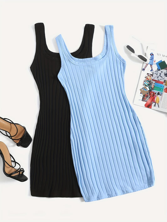 Women's Two-Pack Ribbed Tank Sleep Dresses in Black & Light Blue, Stretchy Polyester Blend, Square Neck, Machine Washable Lounge Nightgowns, Versatile Nightwear Essential.