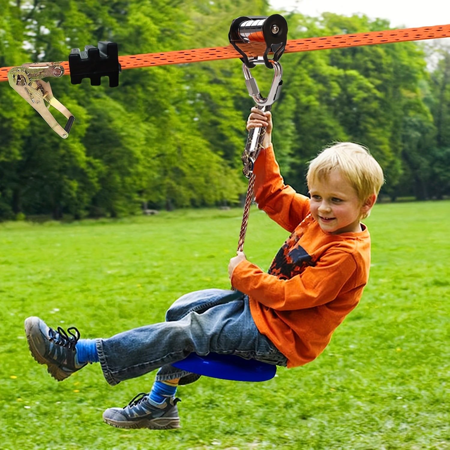 One orange polyester zip line set, 15.24 meters, suitable for kids and adults, max load 149.69KG, ideal for warrior obstacle courses.