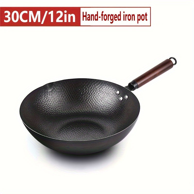 Durable 12-Inch Wok Handcrafted from Hammered Iron, Non-Stick and Uncoated for Versatile Cooking on Electric, Gas, and Halogen Stoves - A Multi-Functional Kitchen Essential