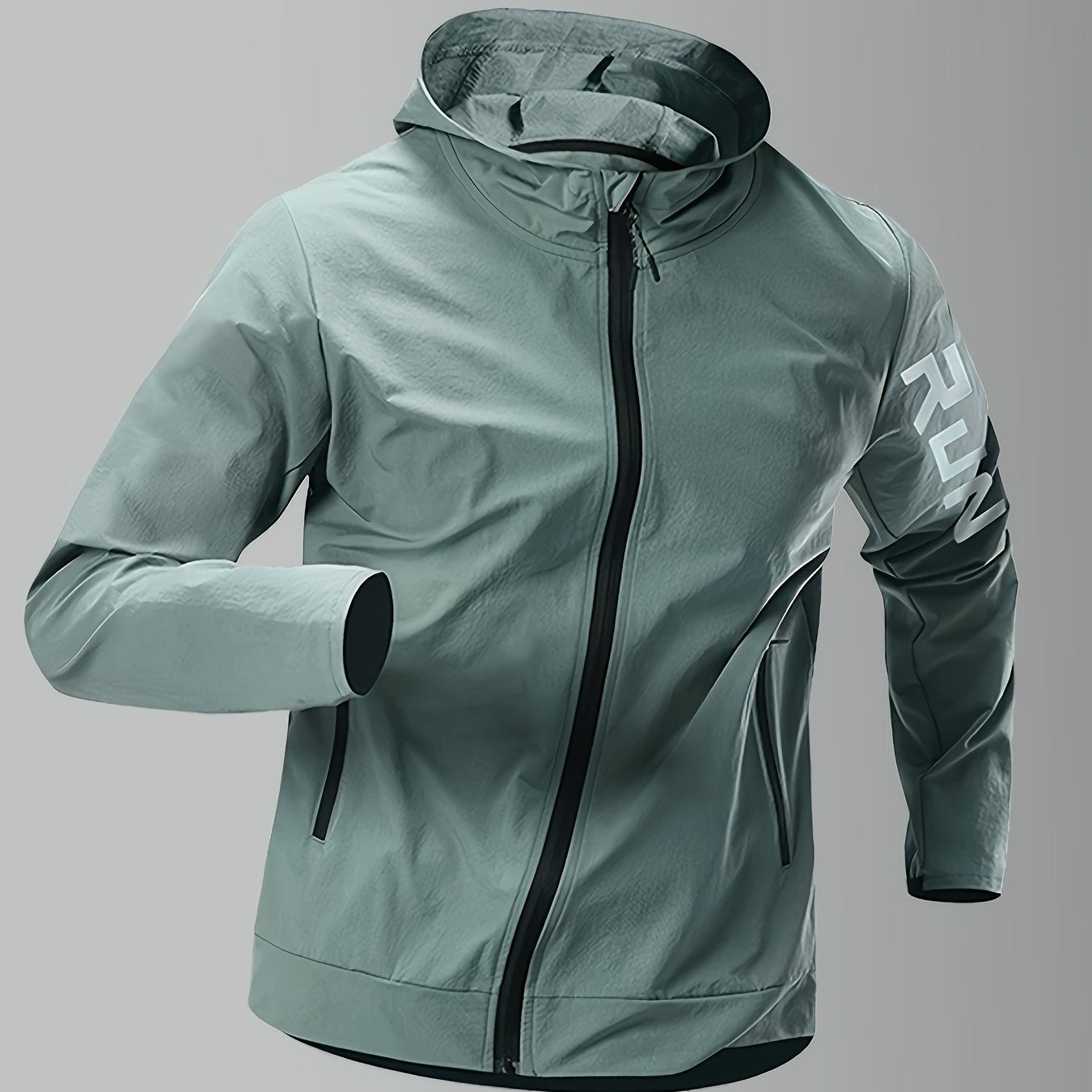 Men's hooded jacket made of 90% polyamide and 10% spandex with alphabet pattern. Features zipper closure and is suitable for hiking, running, and outdoor activities in spring, fall, and