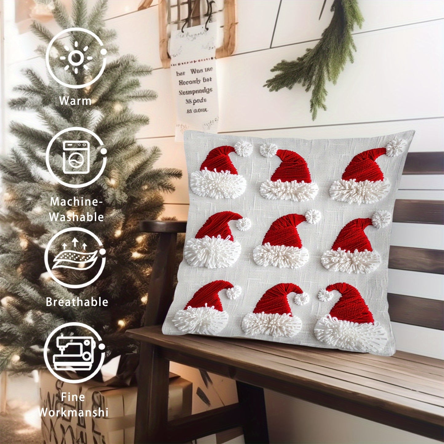 Christmas Santa hat design throw cushion cover, single sided, hand wash only, 44.96x44.96 cm, zipper closure, 100% polyester, festive weave, no insert.