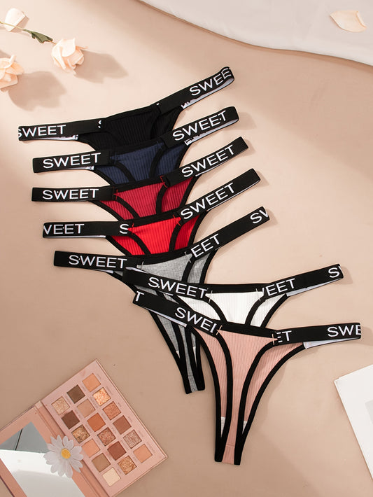 7pcs Letter Tape Contrast Binding Thongs: Sexy, comfortable, and stretchy intimates for women.