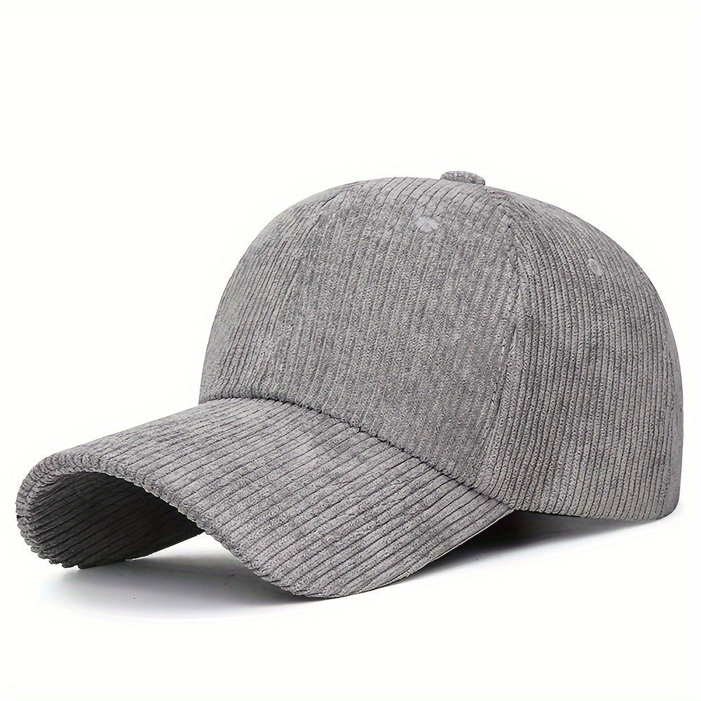 Striped corduroy baseball cap, adjustable snapback, breathable, machine washable, available in multiple colors.