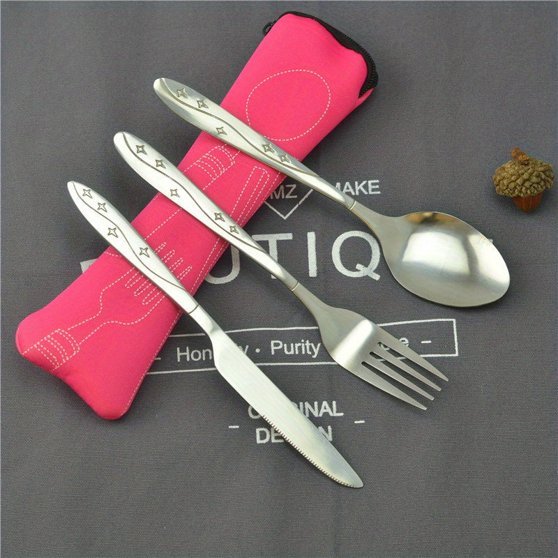 3-piece stainless steel camping cutlery set with portable bag