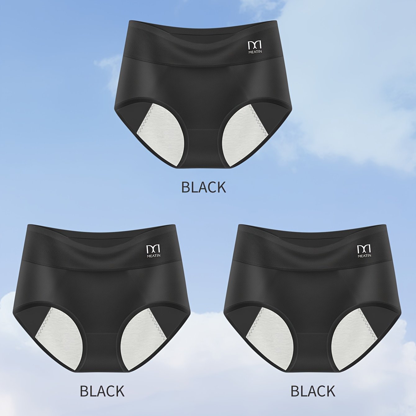 3 breathable ice silky menstrual panties for women feature a leak-proof, comfortable fit for postpartum and physiological needs. Available in black, mint green, and light beige/peach, these