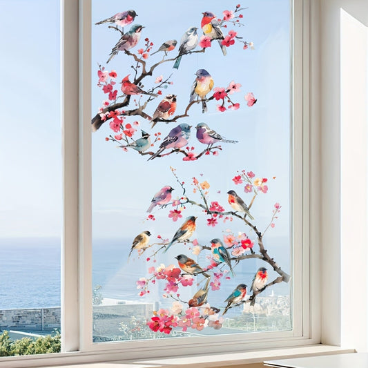 Decorate your home with Watercolor Tree Branches featuring Birds and Flowers - Removable Glass Window Sticker - Measures 59cm x 23.23 inches