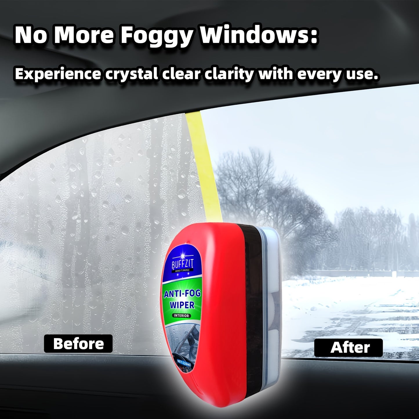 Interior windshield anti-fog spray repels water and prevents fogging.